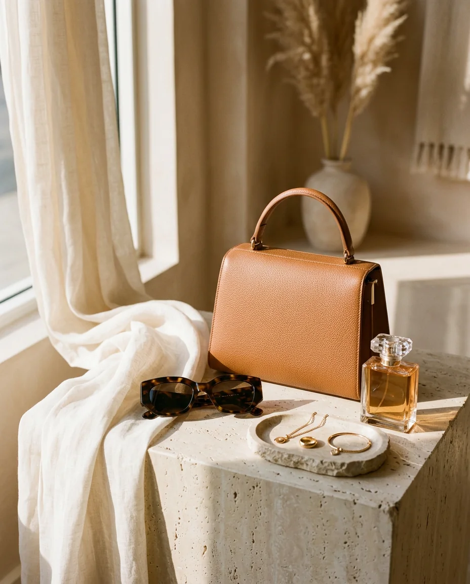 Warm tan handbag, sunglasses, perfume and delicate jewellery arranged on a limestone surface