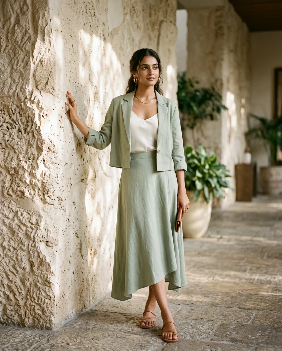 Woman wearing a soft sage co-ord set in a sunlit stone courtyard