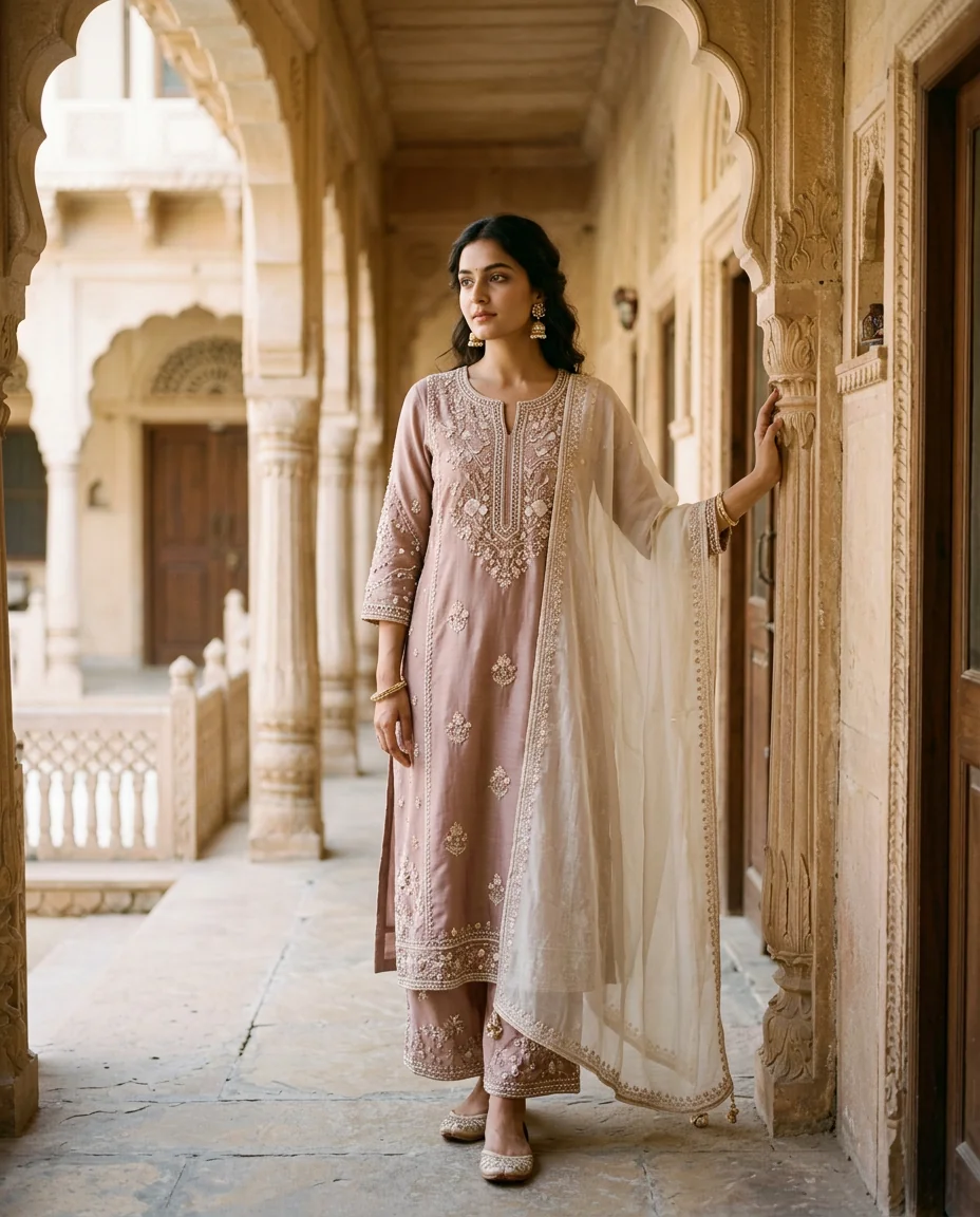 Woman wearing a muted rose embroidered Indian outfit with an ivory dupatta