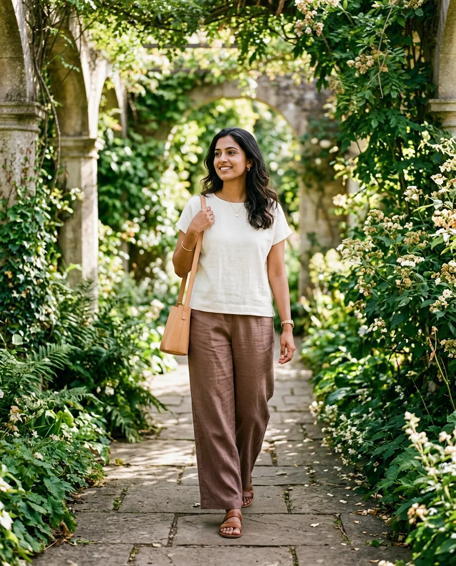 Woman in relaxed ivory and cocoa separates walking through a sunlit arcade