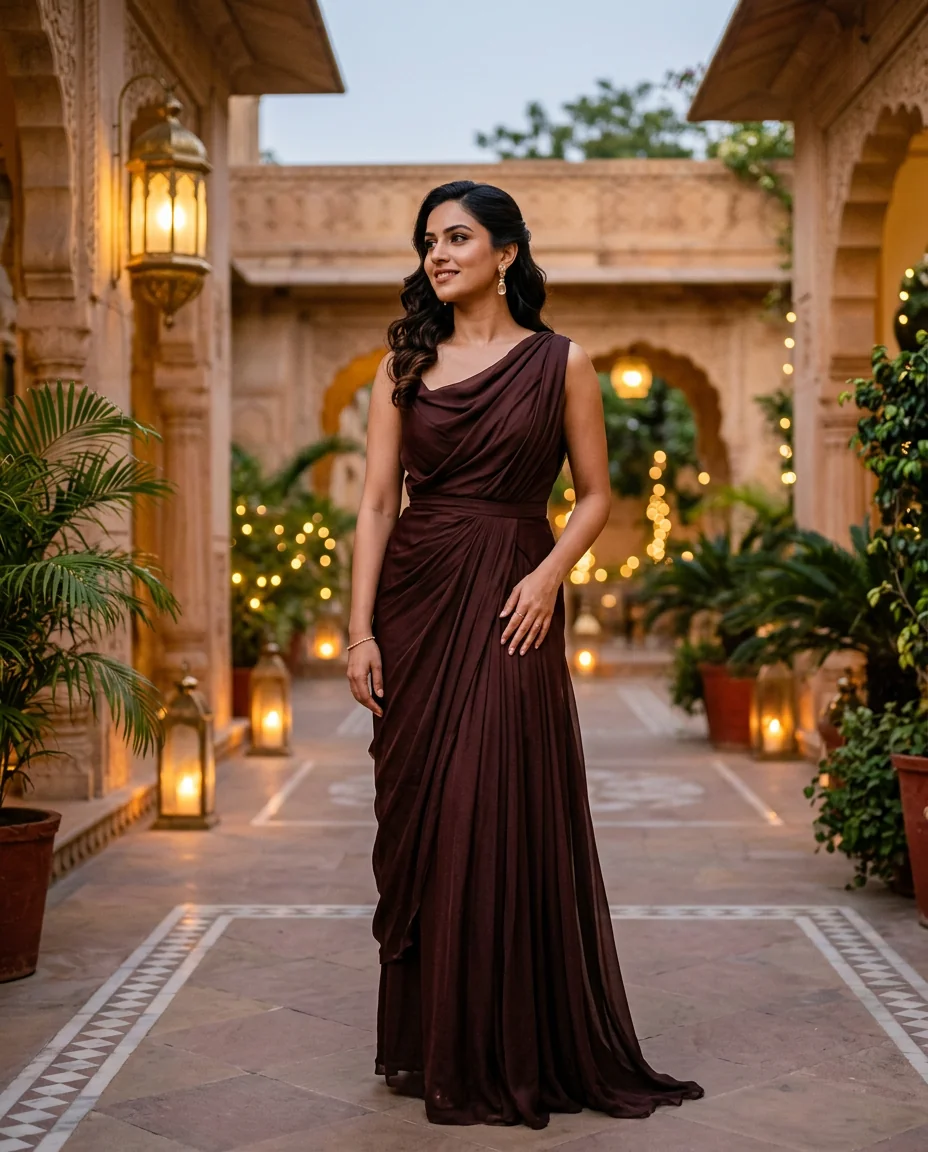 Woman in a deep wine-brown occasion dress in a softly lit courtyard