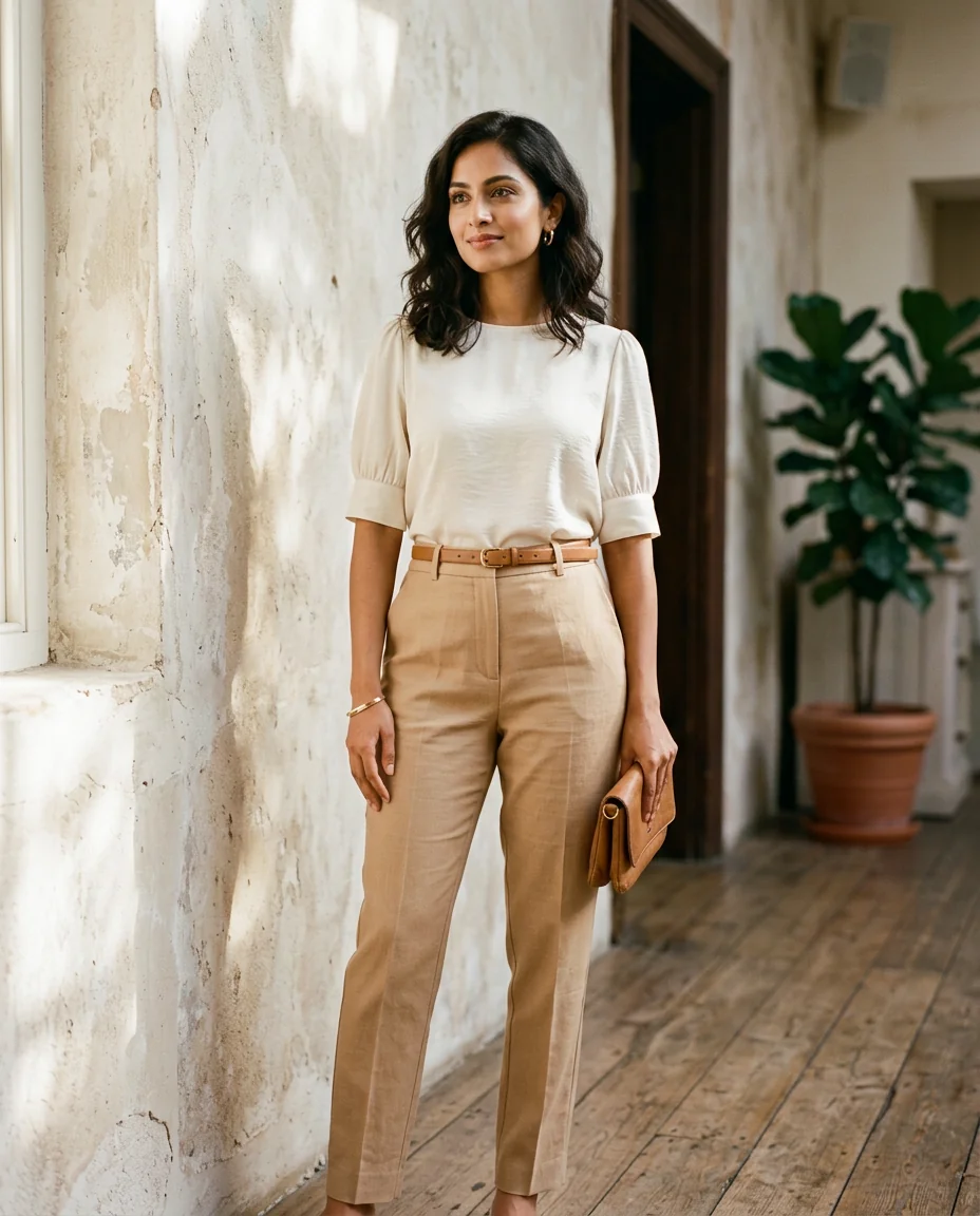 Woman in an elegant ivory blouse and sand-coloured trousers