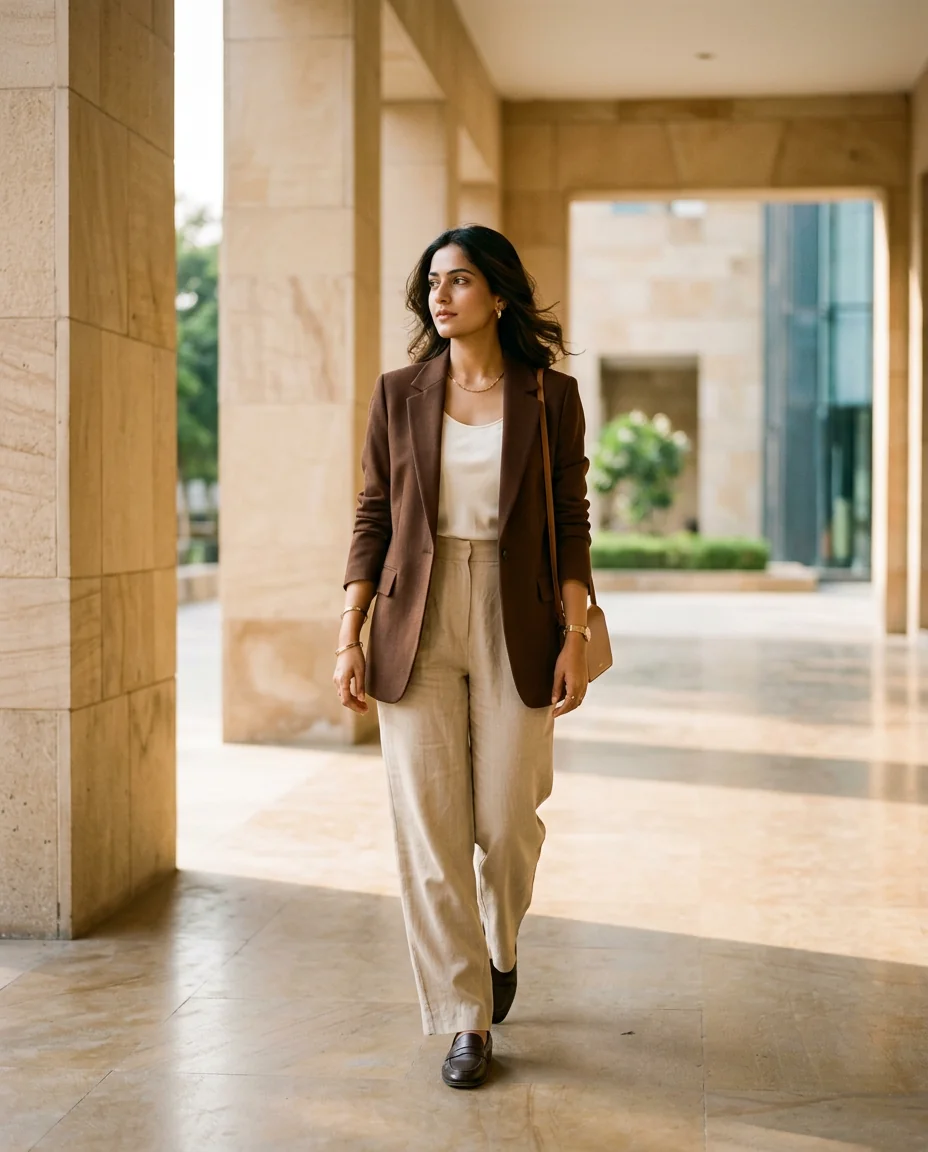 Woman in a tailored brown blazer and relaxed neutral trousers